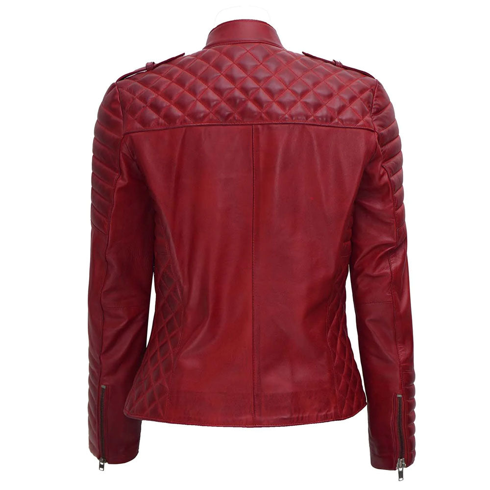 New Women's Red Sheepskin Leather Motorcycle Jacket - bombersflight