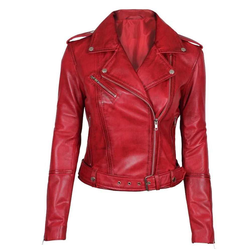 New Women Sheepskin Stylish Red Leather Biker Jacket - bombersflight