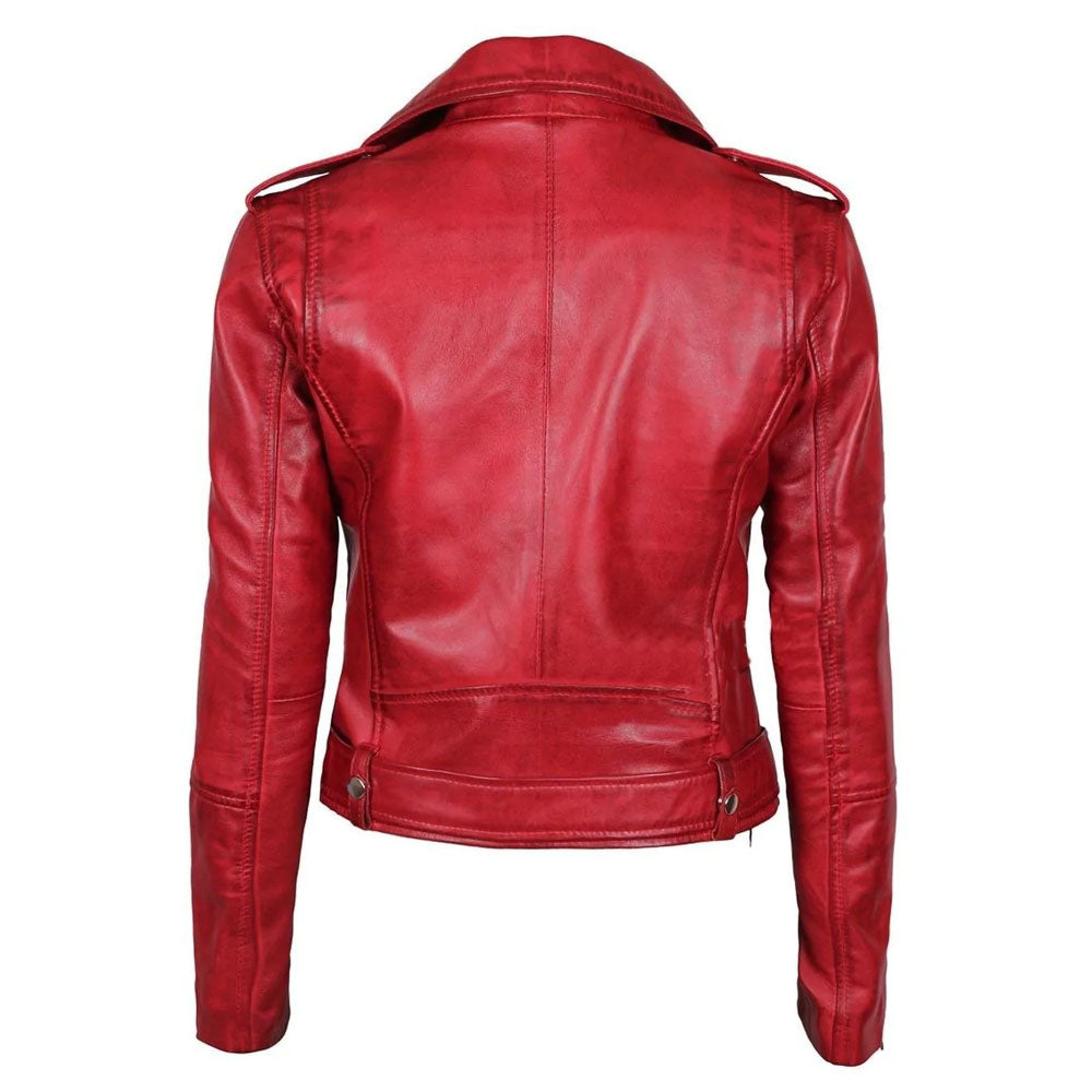 New Women Sheepskin Stylish Red Leather Biker Jacket - bombersflight