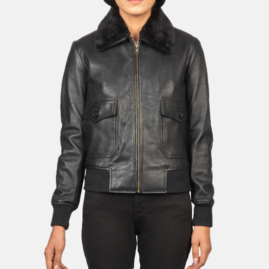 New Women Goatskin Leather G-1 Bomber Leather Jacket With shearling collar