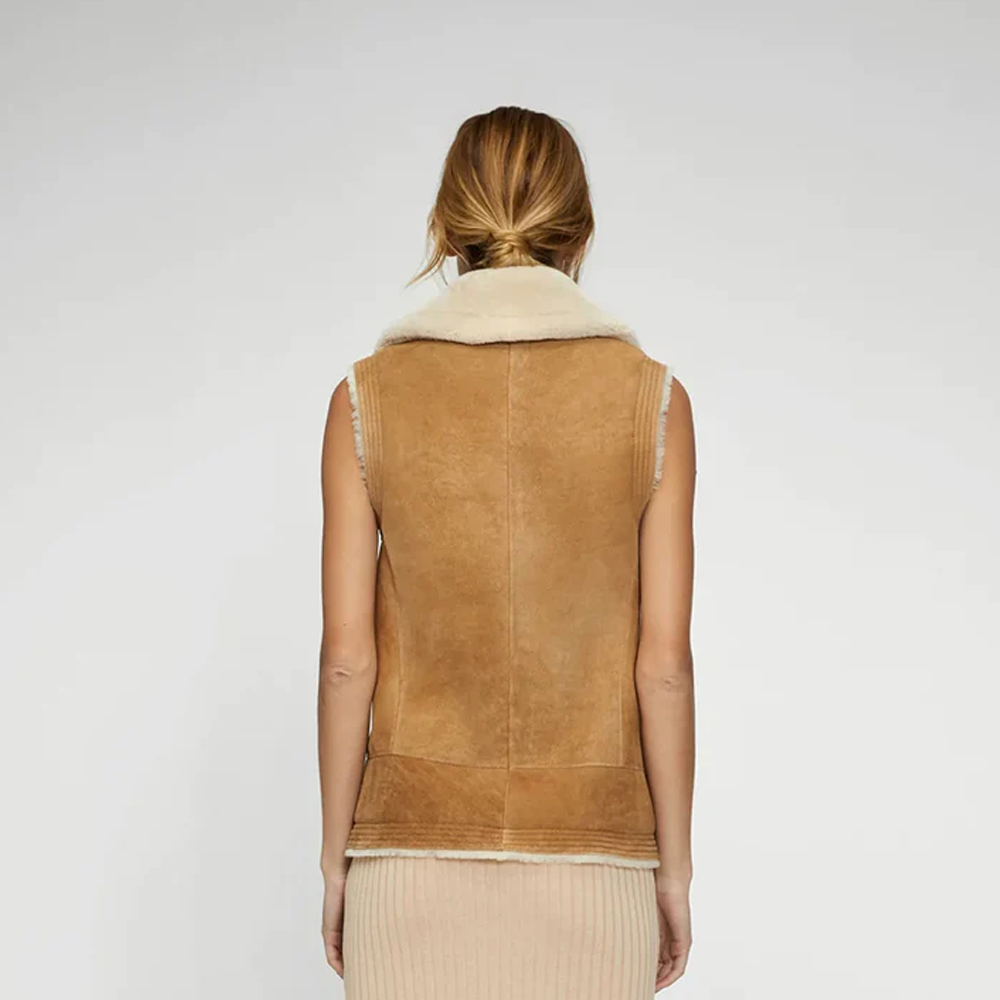 New Women Sheepskin Shearling Brown Leather Vest - bombersflight