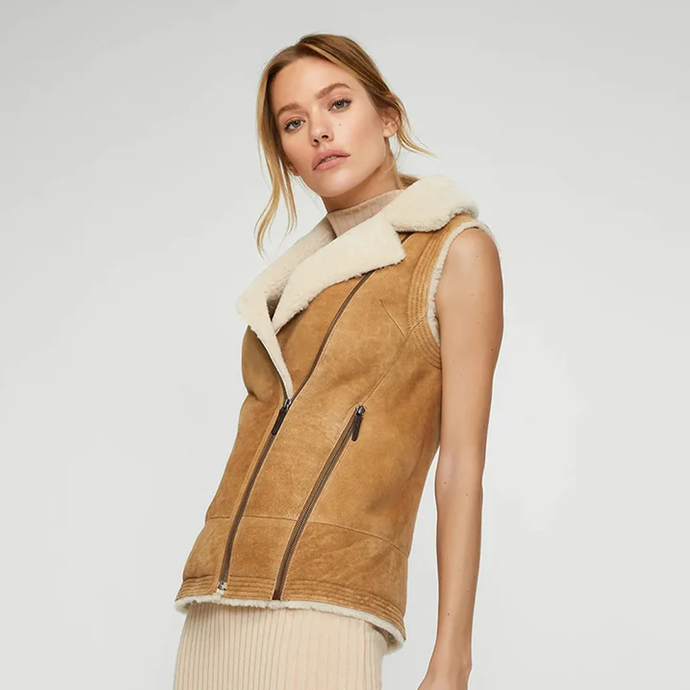 New Women Sheepskin Shearling Brown Leather Vest - bombersflight