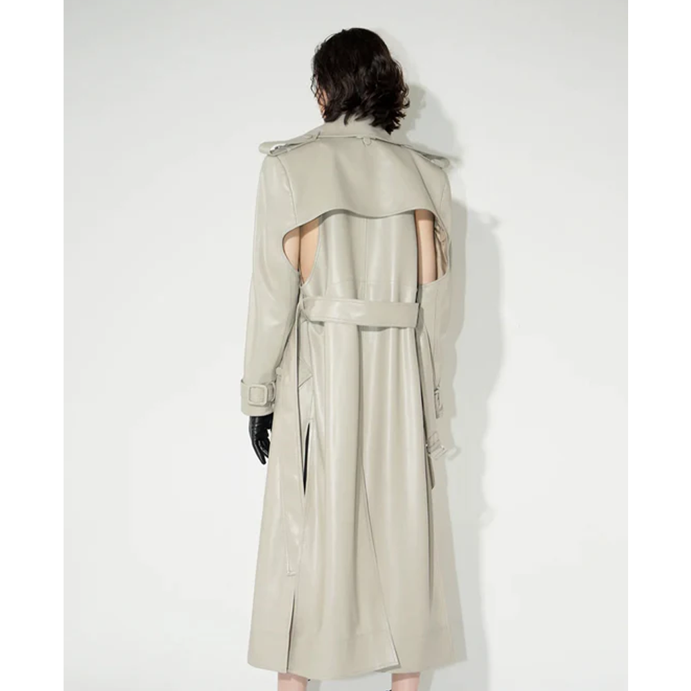 New Off White Sheepskin Double Breasted Duster Leather Trench Coat - bombersflight