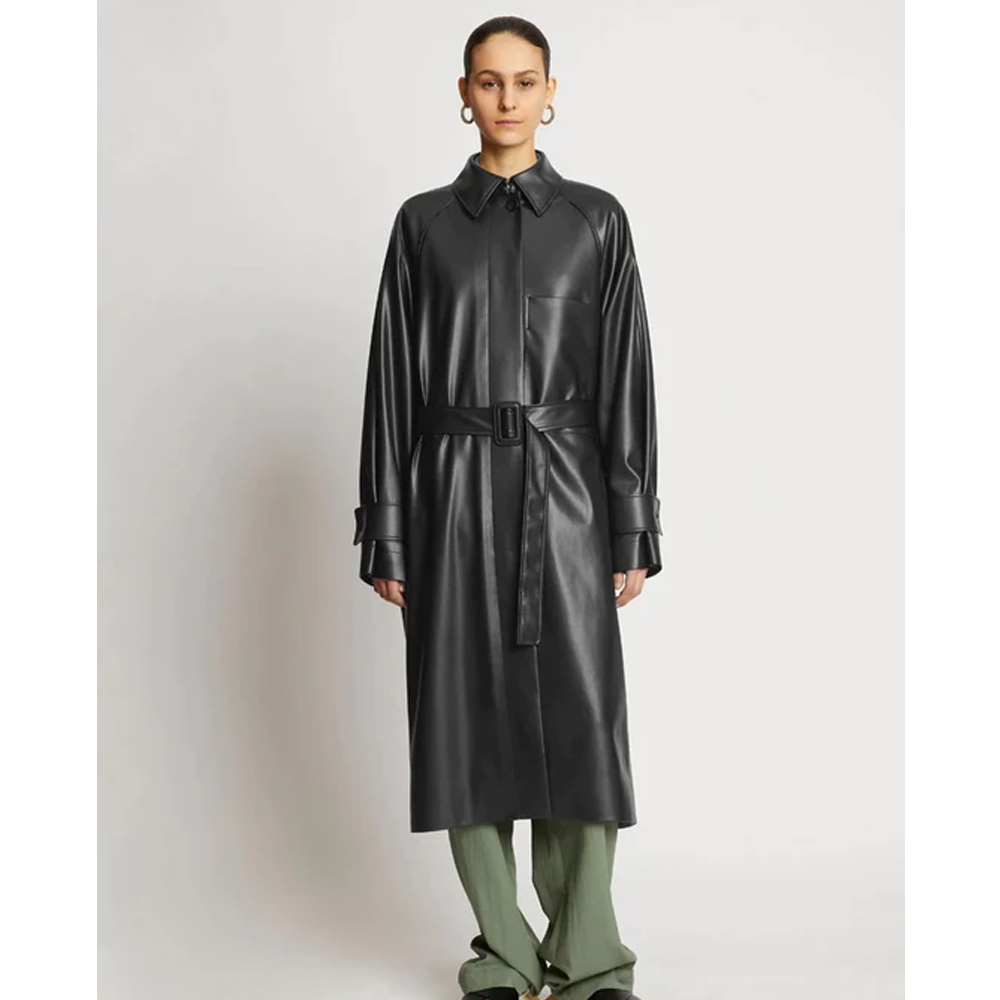 Black Leather Plain Trench Coat For Women - bombersflight