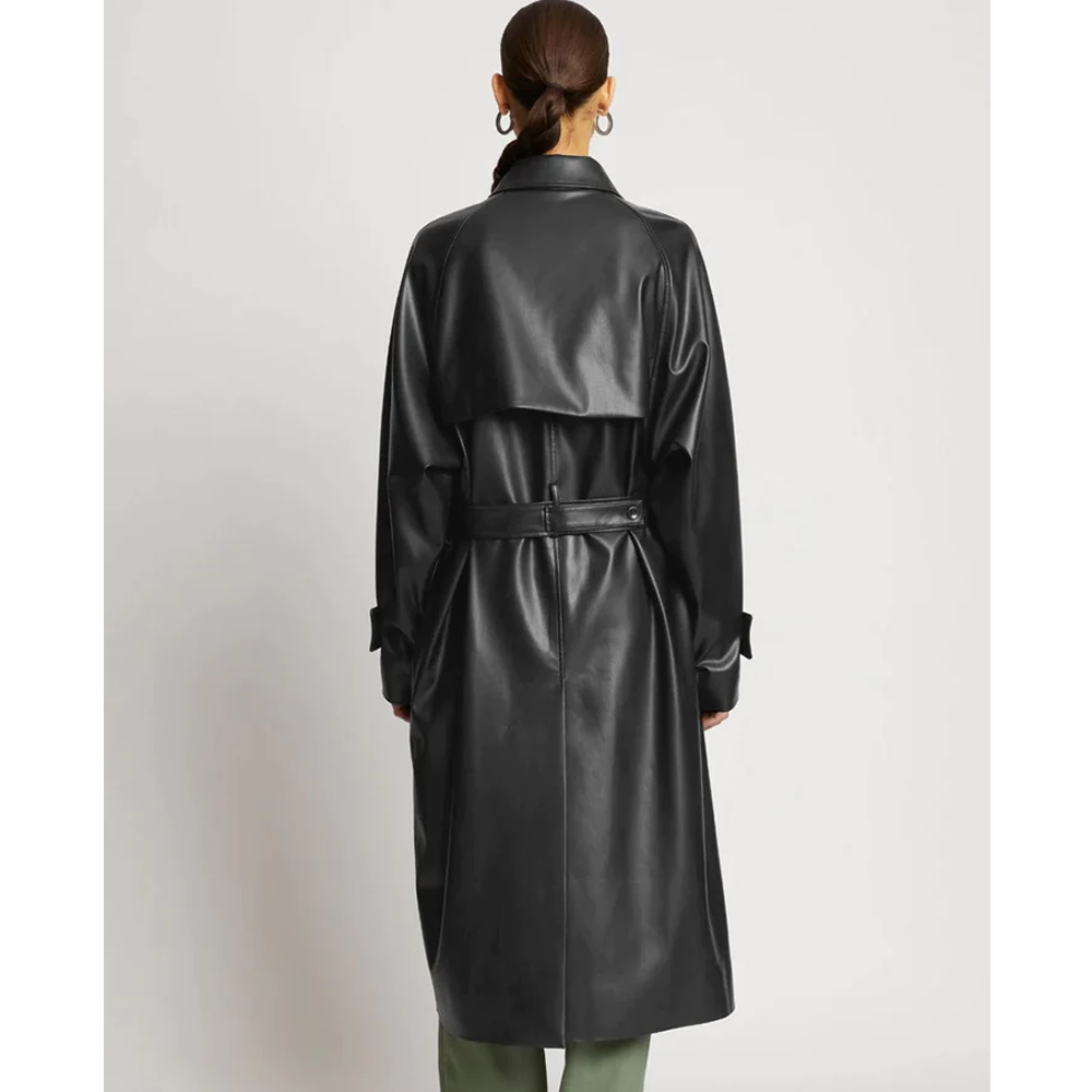 Black Leather Plain Trench Coat For Women - bombersflight