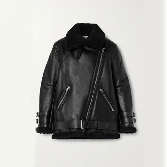 New 2024 Black RAF Sheepskin Shearling Trimmed  Leather Biker Jacket - bombersflight