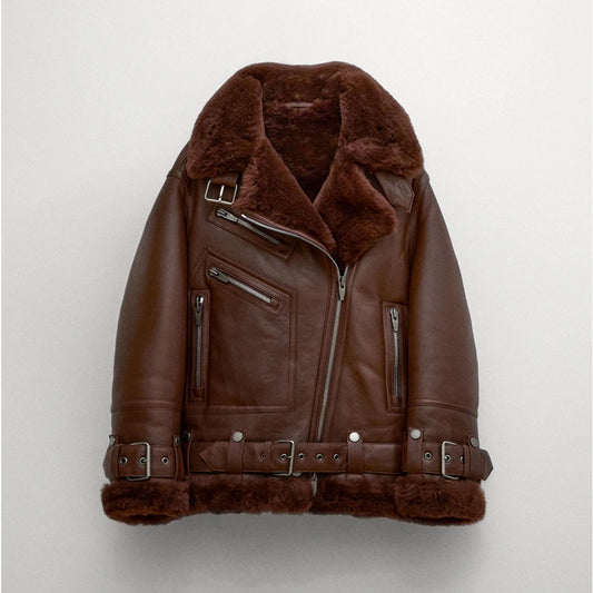 Women Sheepskin Shearling Brown Aviator Styled  Leather Jacket - bombersflight