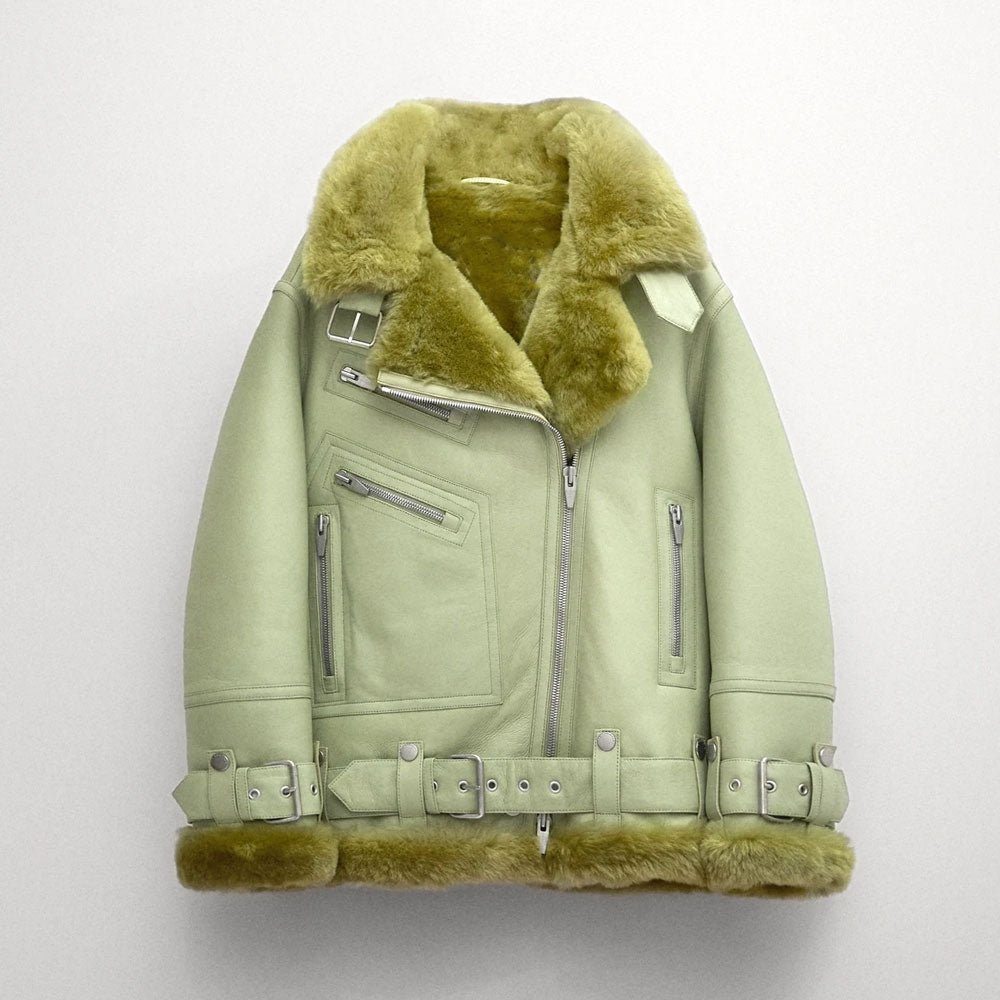 New Light Green Shearling Aviator Styled Sheepskin Leather Jacket For Women - bombersflight