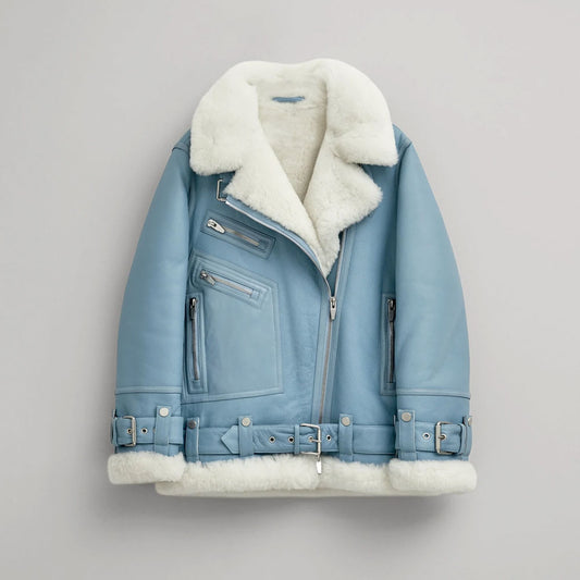 New Women Light Blue Aviator Styled Shearling Sheepskin Leather Jacket - bombersflight