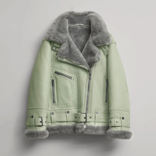 New Women Lambskin Shearling Green RAF Aviator Styled  Leather Jacket - bombersflight