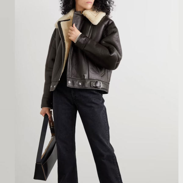 New Women B3 Black Sheepskin Aviator Cowhide Shearling Leather Jacket - bombersflight