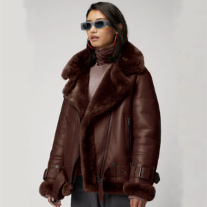 Women Sheepskin Shearling Brown Aviator Styled  Leather Jacket - bombersflight