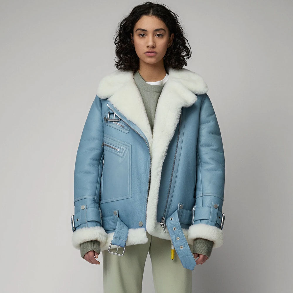 New Women Light Blue Aviator Styled Shearling Sheepskin Leather Jacket - bombersflight