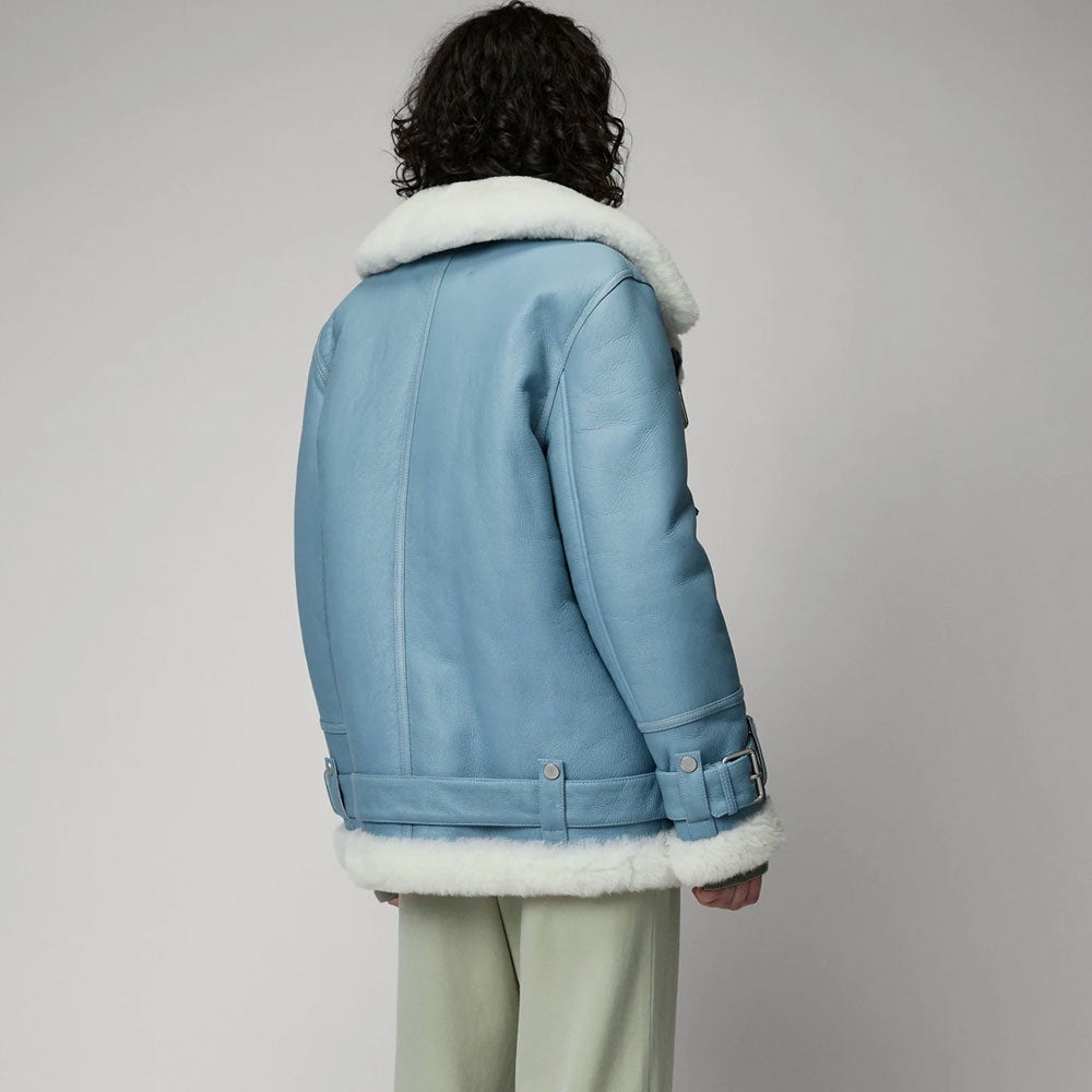 New Women Light Blue Aviator Styled Shearling Sheepskin Leather Jacket - bombersflight