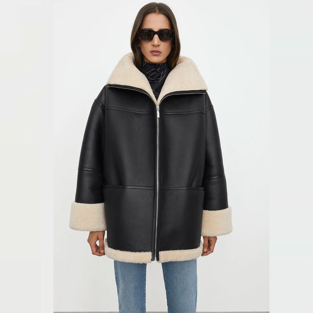 New Sheepskin Shearling RAF Aviator Styled  Leather Jacket For Women - bombersflight