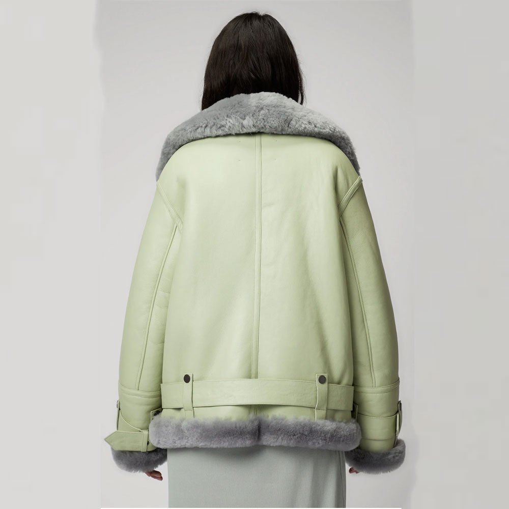 New Women Lambskin Shearling Green RAF Aviator Styled  Leather Jacket - bombersflight