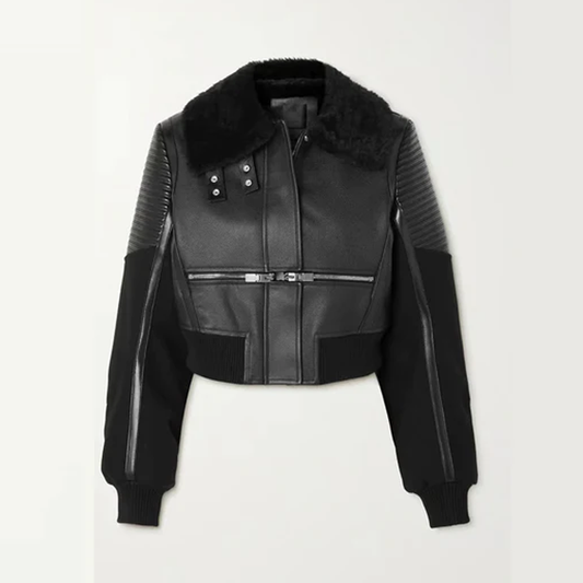 New Women Sheepskin Black trimmed textured-leather bomber jacket - bombersflight