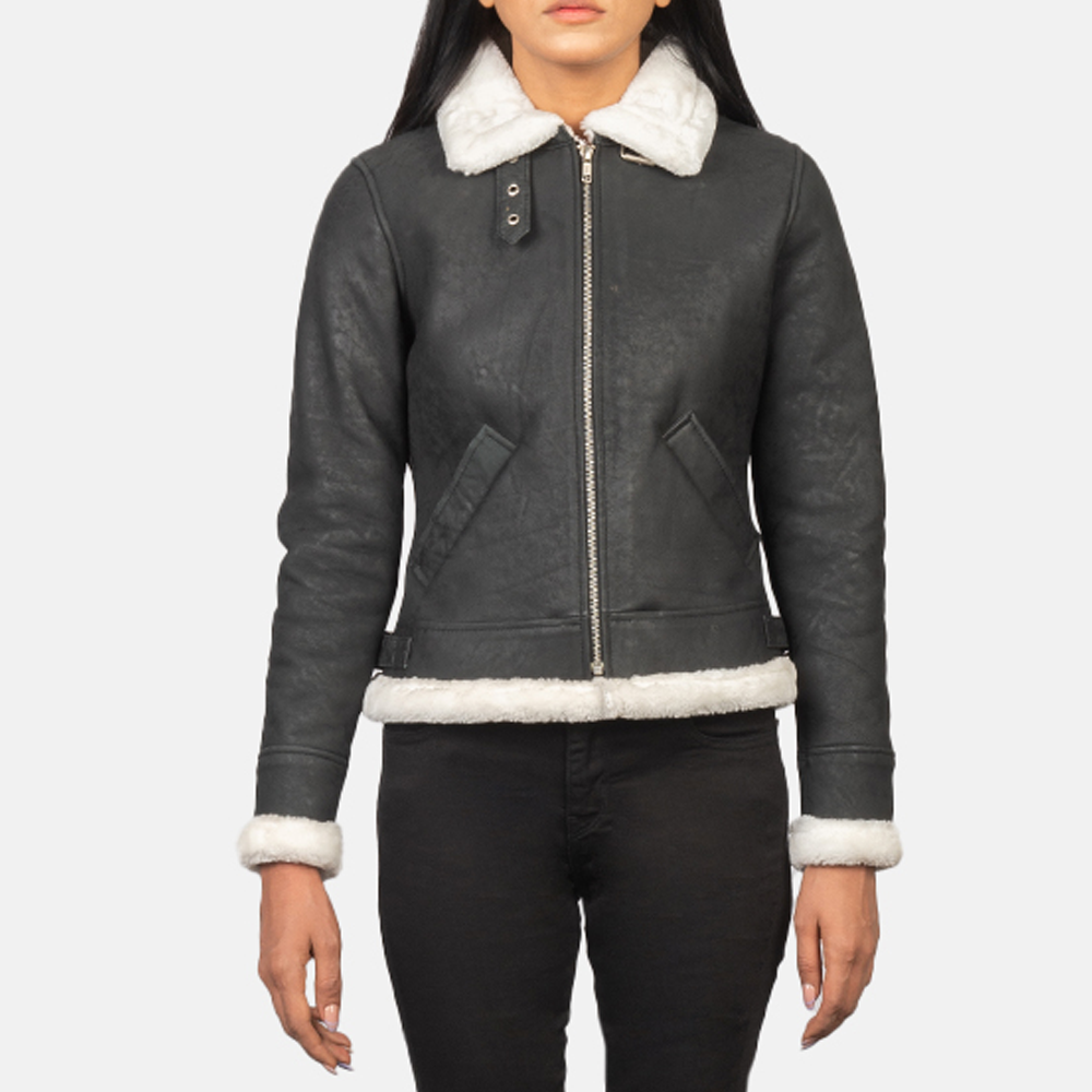 New Women Sheepskin Black & White Leather Bomber Jacket